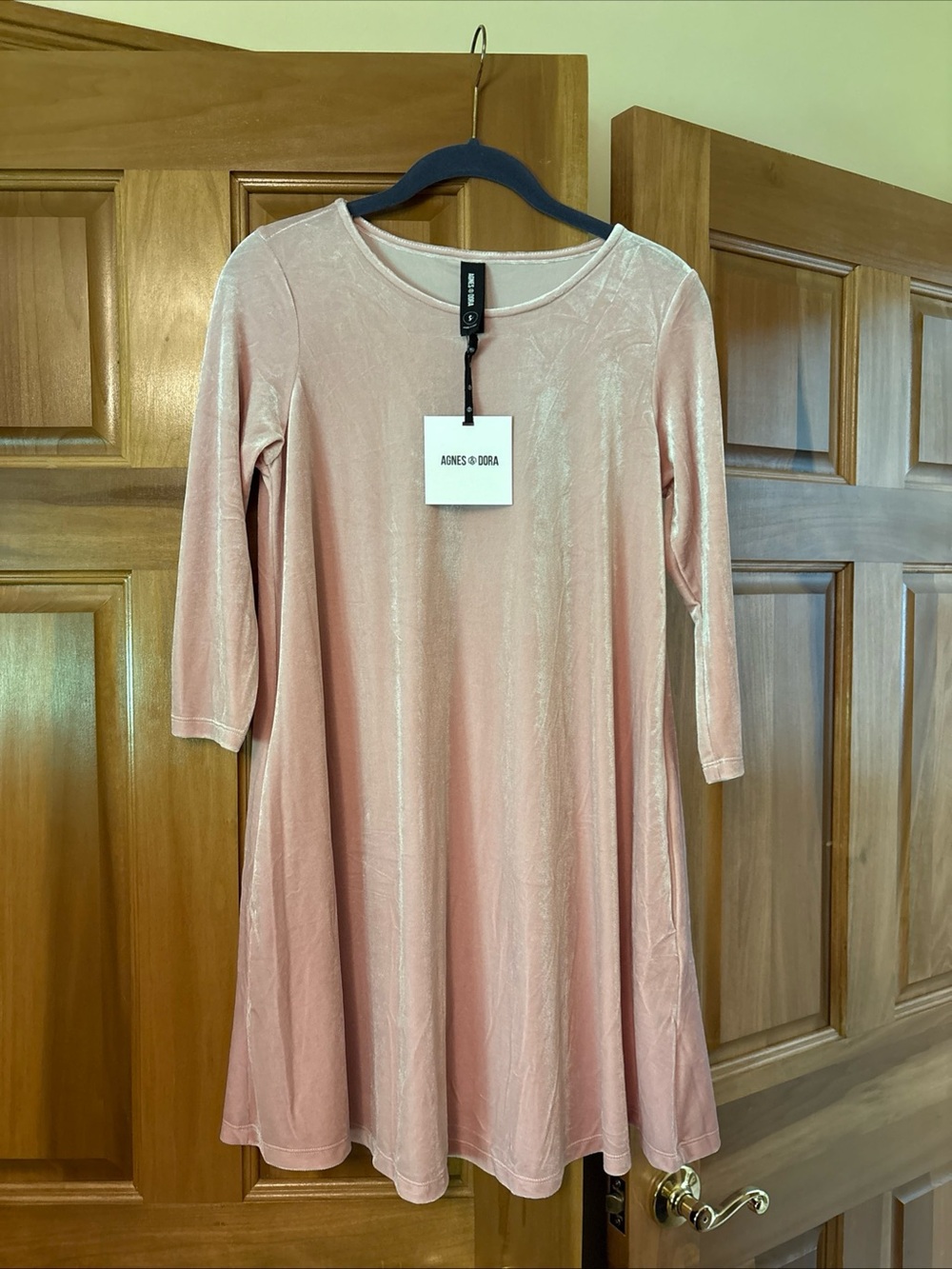 Agnes & Dora Blush Pink Velvet Fit-and-Flare Long Sleeve Dress